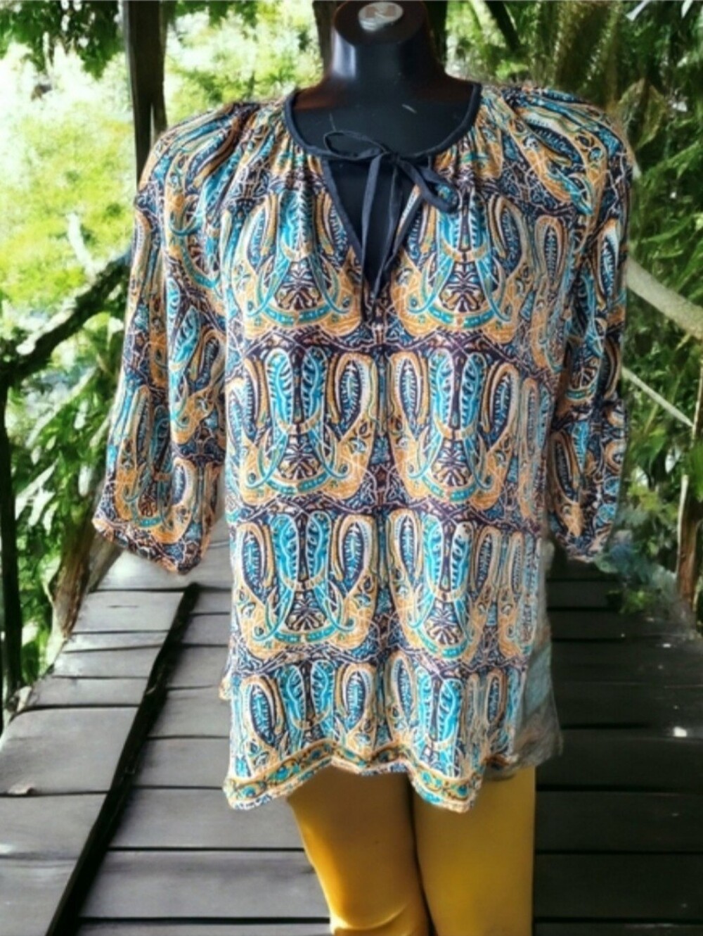Tolani 100% Silk Boho Paisley Tie-Neck Women's Blouse in Teal and Gold Size L